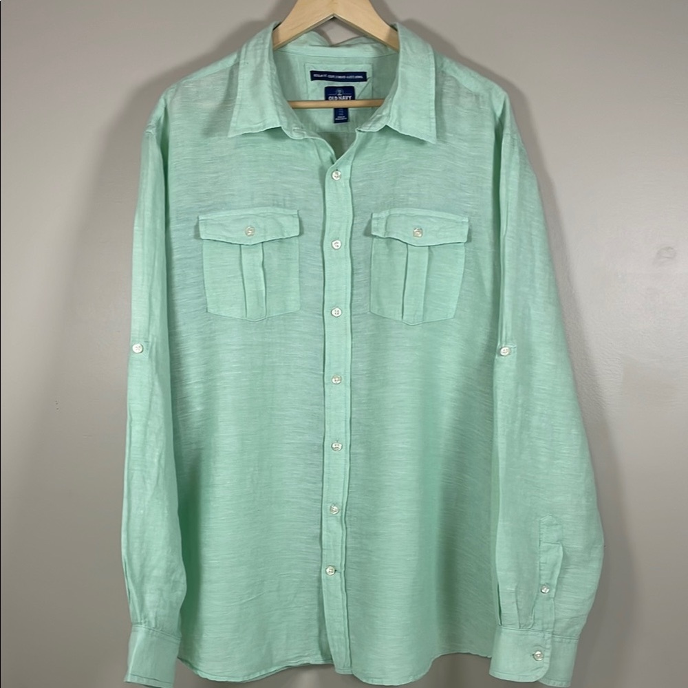 OLD NAVY Men’s Soft Jade Long‎ Sleeve XXL Linen Blend Button Down Shirt Resort